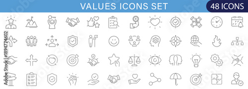 Outline values icons set representing ethics, trust, integrity, teamwork, leadership, motivation, vision, responsibility, and human values concepts.