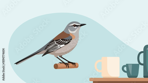 A bird perches on a twig above cups and a carafe on a table