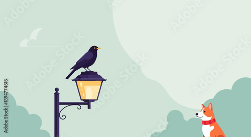 A bird sits on a lamp while a dog watches from below