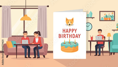 A birthday card with a cat and cake is shown, with people working on laptops