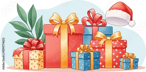A festive collection of wrapped presents adorned with ribbons and a Santa hat