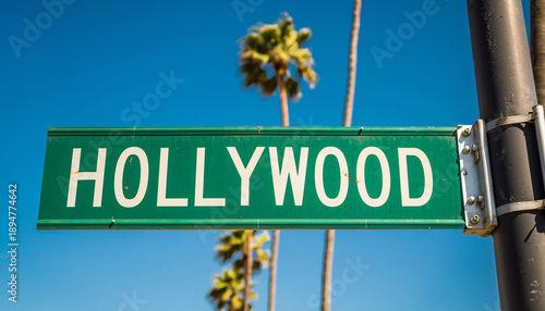 Hollywood Street Sign With Palm Trees Under Clear Blue Sky