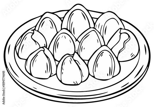 Black and white illustration of dumplings served on a plate for print design and food-related projects