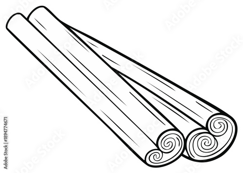 Three aromatic cinnamon sticks culinary spice ingredient line art illustration