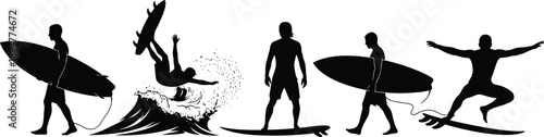 Surfing silhouettes illustration set, surfers carrying boards and riding waves, dynamic ocean action poses, extreme water sports lifestyle, minimalist black vector design