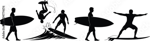Surfing silhouettes illustration, surfers riding waves and carrying boards, dynamic ocean action poses, extreme water sport lifestyle, black vector design