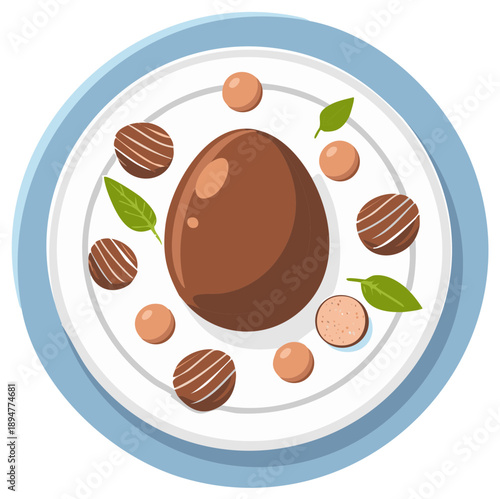 Delicious chocolate easter egg surrounded by assorted candies and fresh green leaves on a white plate