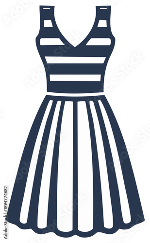Graphic illustration of a striped dress in navy and white