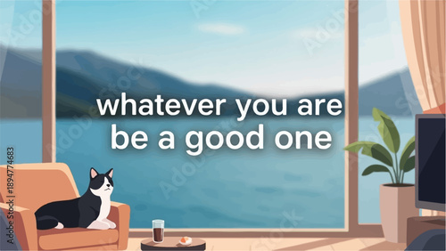 A black and white cat relaxes indoors by a large window overlooking mountains and water