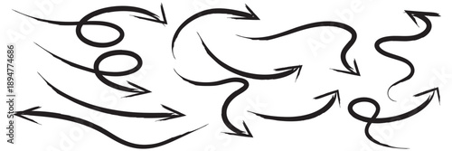 Hand Drawn Arrow Doodles Collection. Set of black hand drawn arrows in sketch style, showing directions, movement, flow and navigation concepts on white background.

