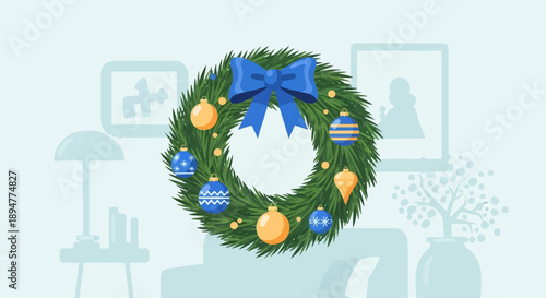 A festive evergreen wreath with blue and orange ornaments hangs indoors