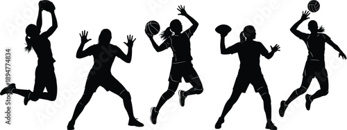Volleyball player silhouette vector set, women athletes jumping serving spiking poses, dynamic sports action illustration isolated on white background, professional design