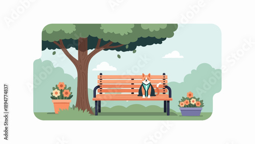 A dog sits on a park bench under a tree with potted flowers nearby