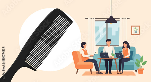 A black comb hovers over people working on laptops in a living room