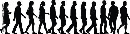 Walking people silhouettes in side view, continuous crowd line, urban commuters concept, business and everyday movement, modern workforce vector illustration