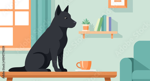 A black dog sits by a table with a cup, beside a window and bookshelf