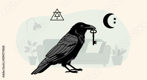 A black raven holds a key in its beak indoors with plants and moon