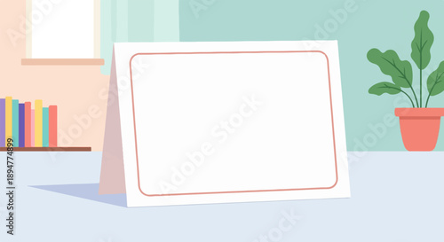 A blank card sits on a table next to a potted plant and books