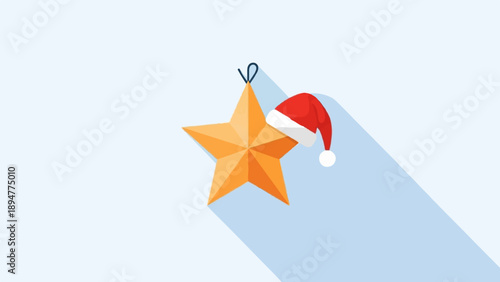 A festive golden star adorned with a Santa hat, casting a long shadow