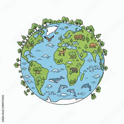 Vibrant Earth illustration, featuring diverse wildlife, lush forests, and marine life across continents, symbolizing global natural beauty and critical environmental preservation