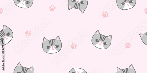 仔猫の手描きシームレスパターン。エキゾチックショートヘアの赤ちゃんと足跡のキュートな背景。
ラッピングペーパー、パッケージ、テキスタイルに最適なベクタープリント。