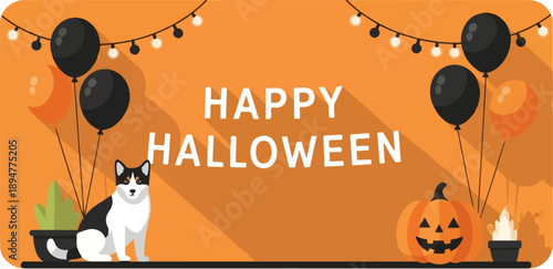 A festive Halloween scene with a black and white cat, pumpkins, and balloons