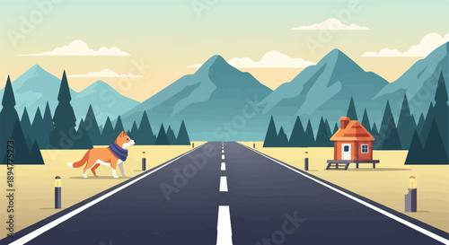 A dog walks along a road towards mountains, with a small house nearby