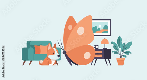 A dog watches a large butterfly in a cozy room with furniture