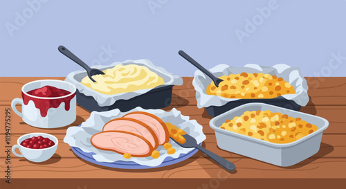 A festive meal with sliced meat, mashed potatoes, and cranberry sauce