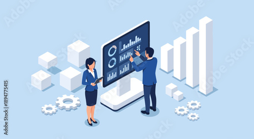 Two professionals analyze metrics on a large digital dashboard in an isometric blue scene, surrounded by rising 3D bar charts and gears symbolizing strategic business growth