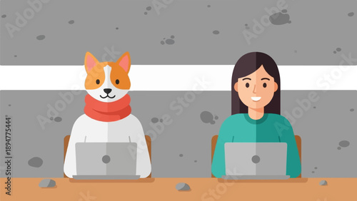 A dog wearing a scarf sits at a laptop next to a smiling girl