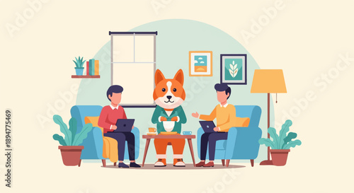 A dog wearing a suit sits with two men on couches, working