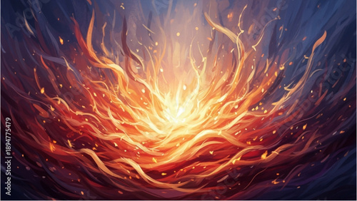 Vibrant flames erupting from a swirling vortex of fire and energy, dynamic illustration, abstract background, panoramic view