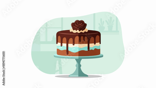 A decadent chocolate cake with layered frosting and a rose decoration