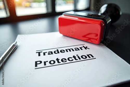 Close-up of a red trademark protection stamp on white paper