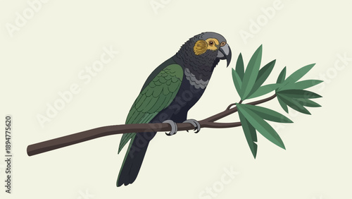 A dark-colored parrot with green wings perches on a tree branch