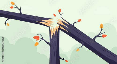 A dark, splintered tree trunk splits apart against a light green, cloudy sky