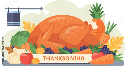 A festive Thanksgiving spread featuring a golden roasted turkey surrounded by fresh produce