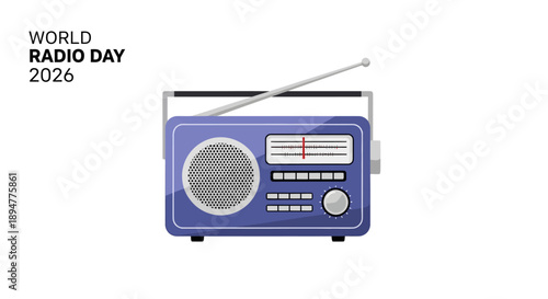 Illustration of a blue radio with a silver antenna and dials, symbolizing radio broadcast and World Radio Day, against a clean white background with a simple design.