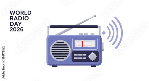 Illustration of a blue radio with an antenna and sound waves on a white background, symbolizing radio broadcast and World Radio Day.