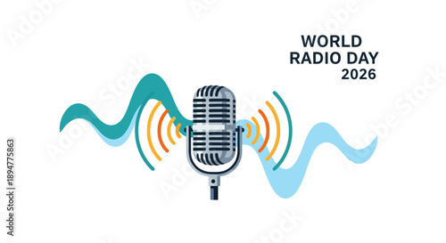 Illustration of a microphone with radio waves on a clean background, celebrating World Radio Day 2026 with a graphic design featuring frequency modulation and amplitude modulation concepts.