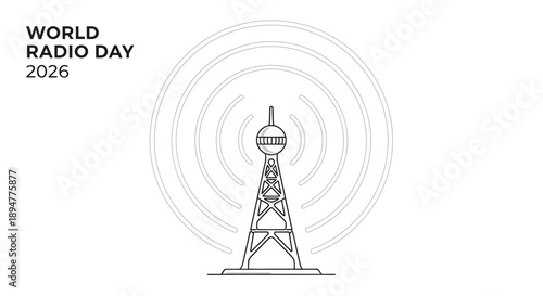 Illustration of a radio tower with concentric radio waves on a white background, celebrating World Radio Day 2026 with a frequency modulation theme.