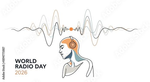 Illustration of a woman wearing headphones with radio waves above her, celebrating World Radio Day 2026 with a stylized line drawing and vibrant orange accents.