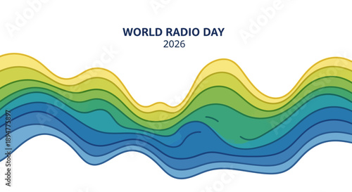 Illustration of radio waves with amplitude and frequency modulation on World Radio Day 2026, featuring a colorful wavy pattern against a clean white background.