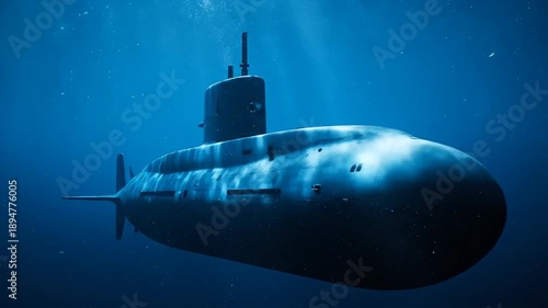 Submarine underwater modern vessel in deep blue ocean exploration concept