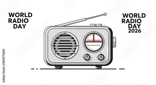 Illustration of a vintage radio with dials and antenna, celebrating World Radio Day 2026 with amplitude modulation and frequency modulation on a clean white background.