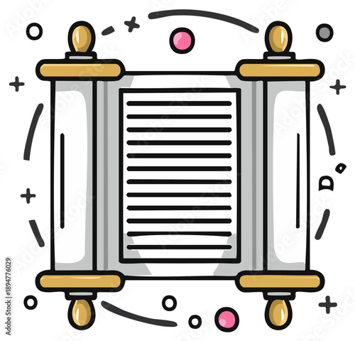 Cartoon Jewish Scroll with Hebrew Text and Decorative Elements Depicting Religious Artifact