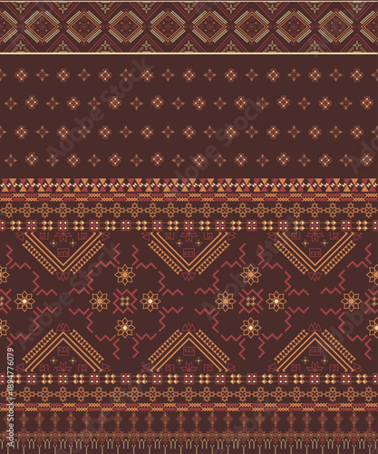 Vintage terracotta ethnic pattern with geometric diamond shapes on transparent background, traditional textile vector ornament