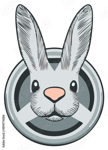 Gray Rabbit Portrait in Circular Frame with Striped Pattern, Animal Head Engraving, and Soft Pink Nose Detail