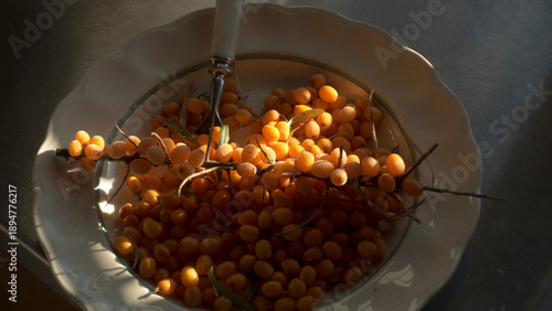 Sea Buckthorn Berries in Ceramic Bowl with Dramatic Light